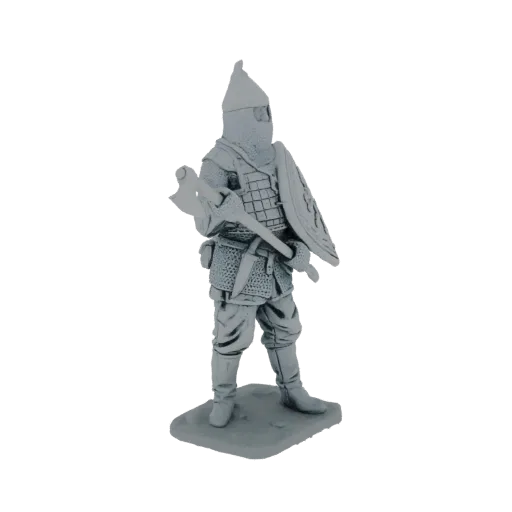 3D model of a medieval warrior in full armor, holding an axe and shield, standing on a base.