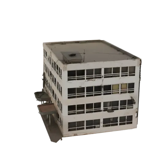 Modello 3D di edificio per uffici in stile mid-century modern con facciata bianca e ampie finestre rettangolari, visto da una