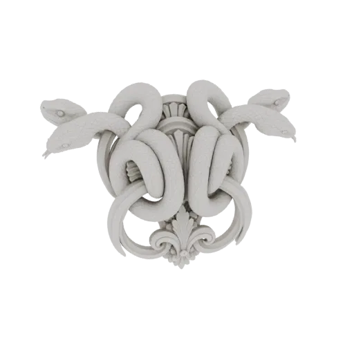 3D model of a decorative wall piece featuring two intertwined serpents with detailed scales, set against an ornate central el
