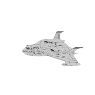 Render de modelo 3D de una nave interceptora futurista con ángulos agudos y múltiples ventanas de cabina, vista de lado.
