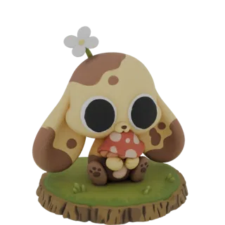 3D model render of a cute, cartoonish yellow dog with brown spots, big black eyes, holding a red mushroom, and a white flower
