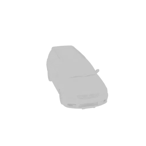 A 3D model of a light gray sedan, viewed from a slightly elevated angle, showcasing its smooth body and classic car design.