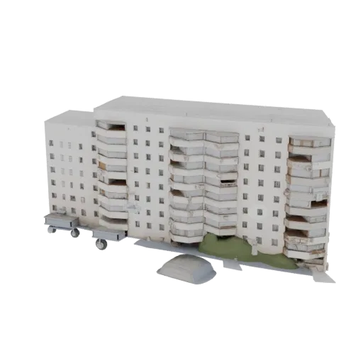 3D model of a white Soviet-era apartment building with multiple balconies against a black background.