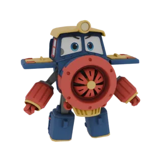 3D model of a blue and red anthropomorphic train character with a large red front fan and yellow accents, standing with arms
