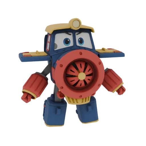 3D model of a blue and red anthropomorphic train character with a large red front fan and yellow accents, standing with arms