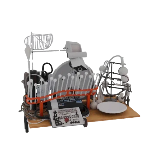 3D model of a complex retro-futuristic laboratory contraption with tubes, flasks, and a central circular instrument.