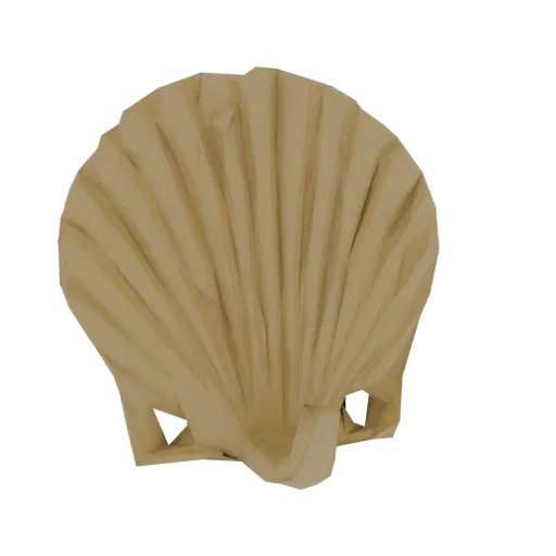 A 3D render of a realistic scallop shell with a sandy texture and prominent radial ribs, set against a black background.