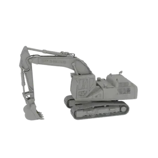 3D model of a grey, untextured heavy excavator with a large boom and bucket, resting on its tracks against a black background