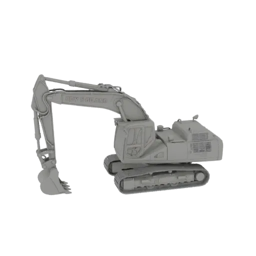 3D model of a grey, untextured heavy excavator with a large boom and bucket, resting on its tracks against a black background