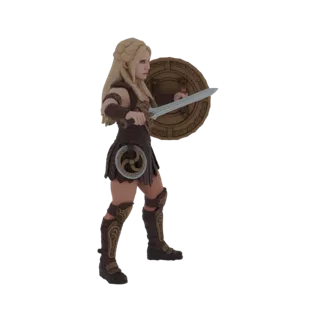 3D Modell einer Kriegerin in brauner Rüstung, mit Schwert und Schild, mit blonden Zöpfen.
