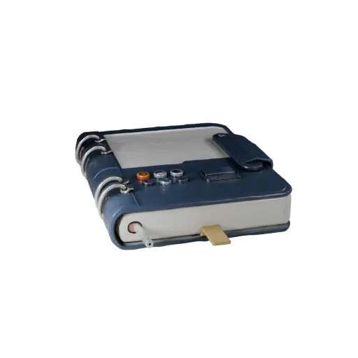 Corporate Notebook Low Poly 3D model, game viewport three-quarter view, showing plastic, desk-scale silhouettes.