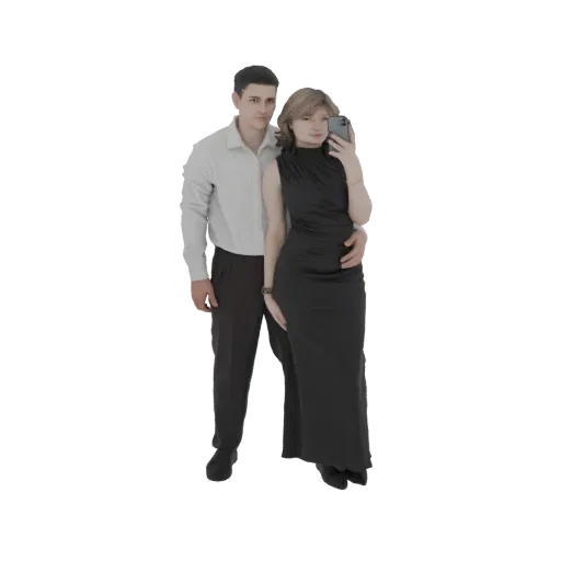 3D model of a couple in formal attire, a man and woman, posing for a selfie with a smartphone.