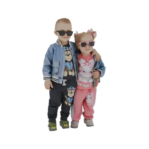 3D model of a boy and a girl, both wearing sunglasses and fashionable outfits, posing together.