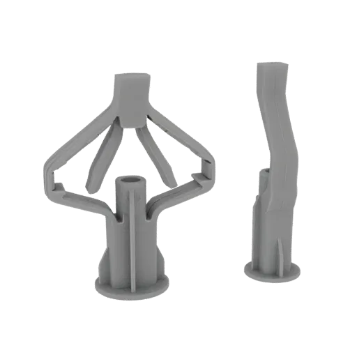Modèle 3D d'une cheville à bascule en plastique gris avec ses ailes déployées, vu de face et de côté.
