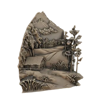 3D model of a rustic mountain cabin diorama with detailed mountains, trees, fields, and a winding path, rendered in a bronze-