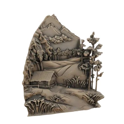 3D model of a rustic mountain cabin diorama with detailed mountains, trees, fields, and a winding path, rendered in a bronze-
