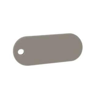A 3D render of a simple, matte gray rounded rectangle tag with a hole on the left side, isolated on a white background.
