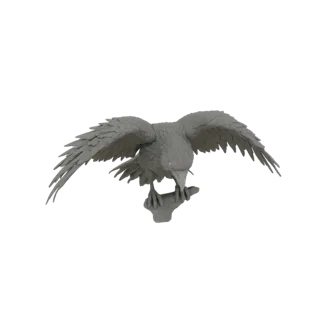 Modèle 3D d'un corbeau gris aux ailes déployées, perché sur une branche texturée, sur fond blanc.