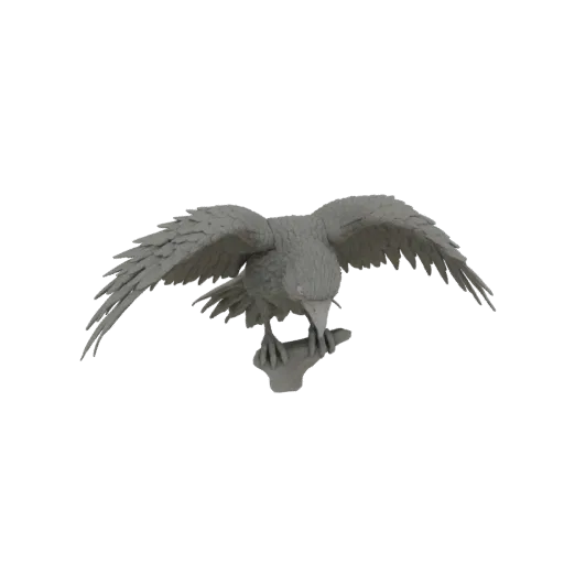 Modèle 3D d'un corbeau gris aux ailes déployées, perché sur une branche texturée, sur fond blanc.