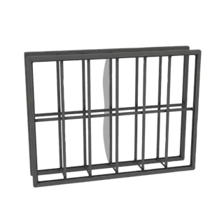 3D render of a modern metal grate with a curved central divider, presented against a white background.