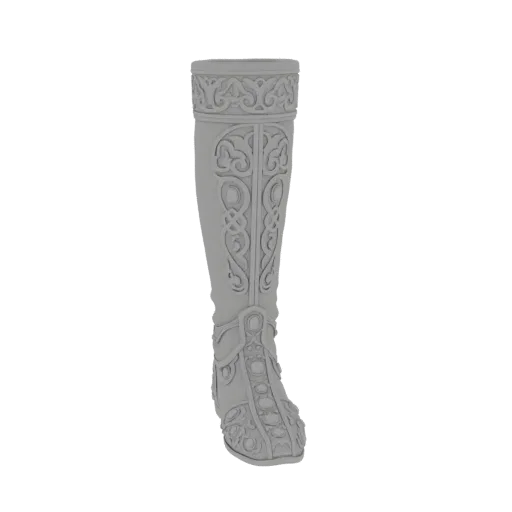 Modèle 3D d'une seule botte haute avec des motifs celtiques détaillés, présenté dans un matériau gris neutre.