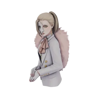 Modello 3D di un personaggio elegante con abito bianco, colletto di pelliccia rosa e maschera da ballo in maschera, con espre