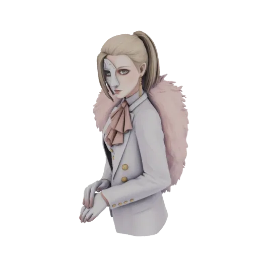 Modello 3D di un personaggio elegante con abito bianco, colletto di pelliccia rosa e maschera da ballo in maschera, con espre