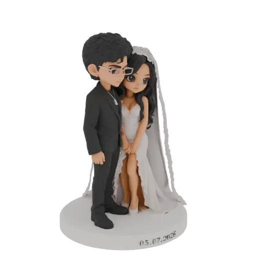 3D model of a chibi couple in wedding attire, groom in a suit, bride in a gown, standing on a base with '05.07.2026' inscribe