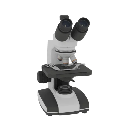 Research Microscope Realistic 3D model, three-quarter studio render, showing glass, recognizable lab forms.