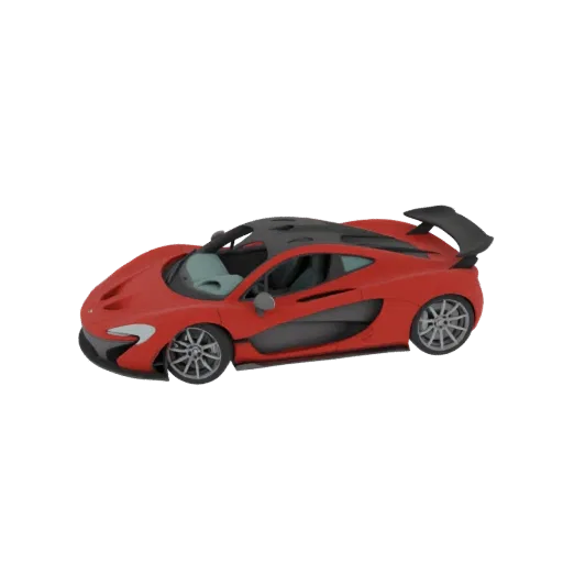 A side view of a detailed 3D model of a red McLaren P1 sports car with a black roof and spoiler, set against a black backgrou