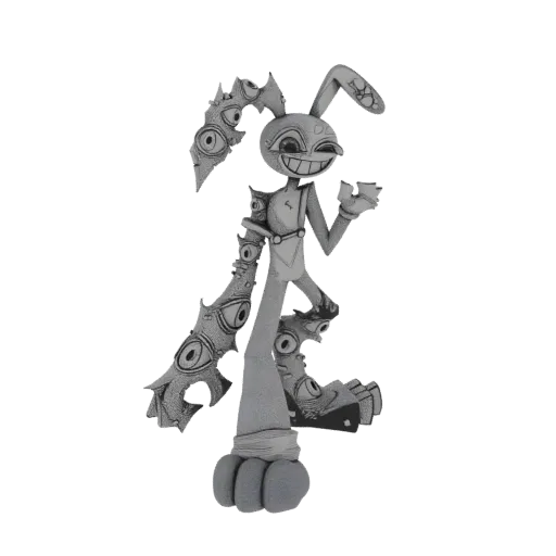 A grayscale 3D render of a creepy bunny character with a wide grin and multiple eyes covering its body.