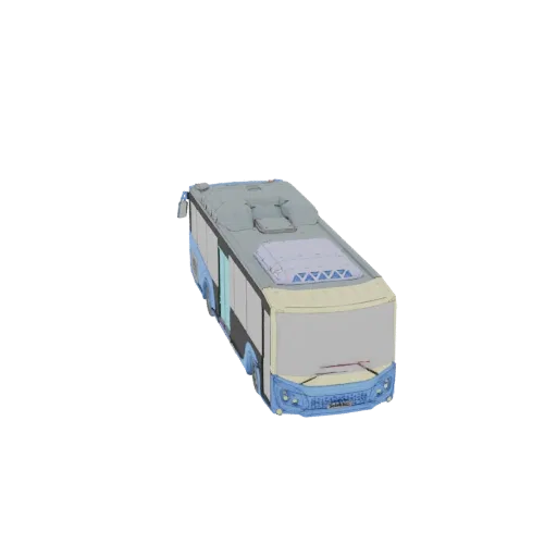 3D model of a modern, light blue and cream city bus with large windows, viewed from a slightly elevated front-right angle.