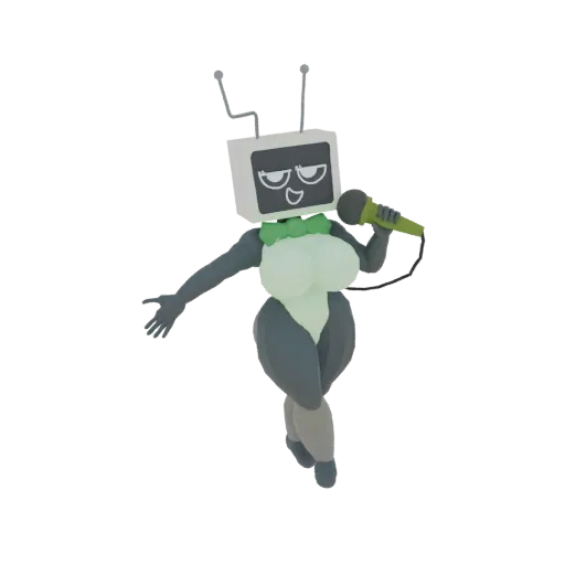 3D model of a character with a TV for a head, wearing a leotard and singing into a microphone.