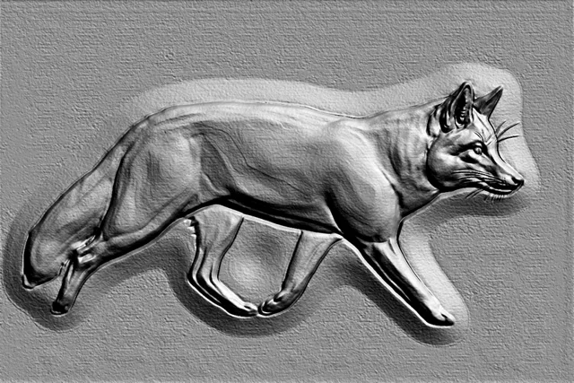 3D model of a fox bas-relief in motion, rendered in gray, with high detail on fur and musculature.