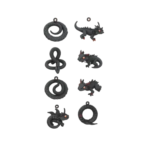 A 3D render of four dark fantasy-themed charms: two coiled serpents and two stylized dragons, presented on a black background