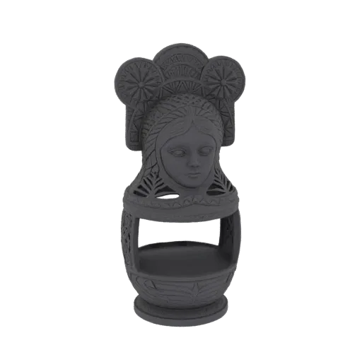 3D model render of a gray sculpture of a Slavic woman's head with an ornate traditional headdress and decorative body.