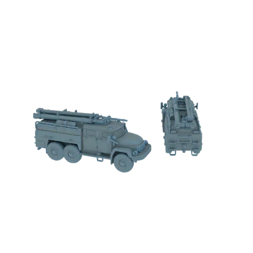3D model of a BM-21 Grad rocket launcher truck, shown from a side and rear perspective against a black background.