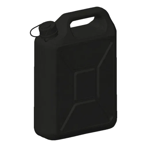 A 3D render of a matte black jerrycan with an integrated handle and cap, presented against a dark background.