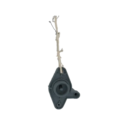 3D model of a vintage toilet flush lever with a frayed string hanging from it, against a black background.