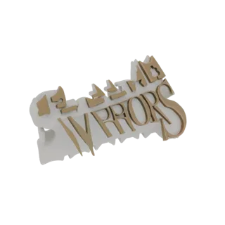 3D model of the word "Mirrors" in a golden metallic font on a white, irregularly shaped base.