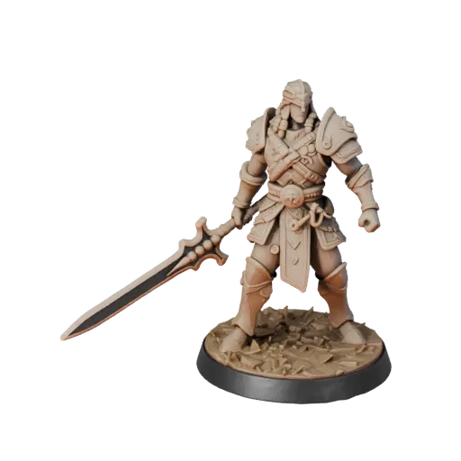 Fantasy Warrior Miniature STL printable 3D model preview three-quarter display angle, pose and resin detail