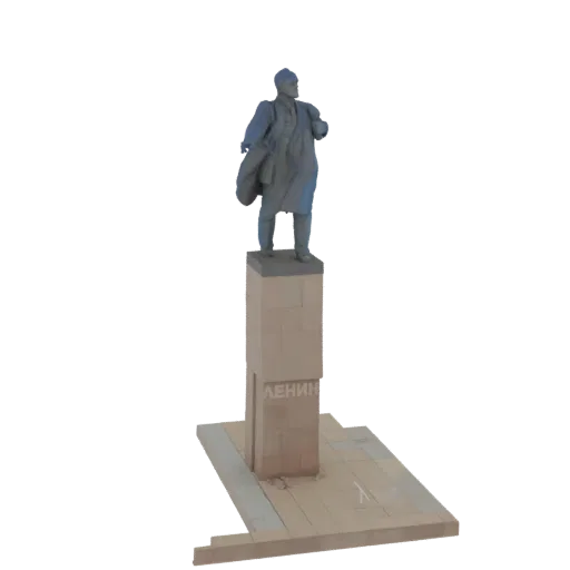 Modelo 3D de una estatua de Lenin de pie sobre un pedestal de piedra con la inscripción 'ЛЕНИН'