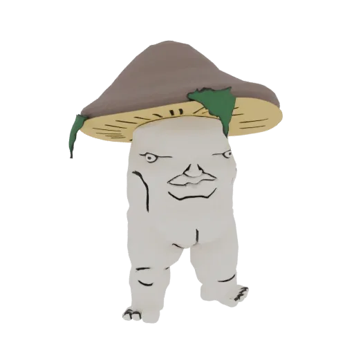 3D model of a whimsical mushroom folk character with a large hat and expressive face, standing on two legs.