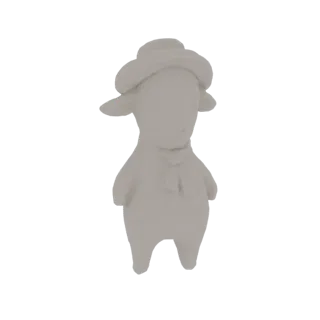 3D-Rendering einer niedlichen, hellgrauen Schaf-Figur mit Hut und Schal, isoliert auf weißem Hintergrund.