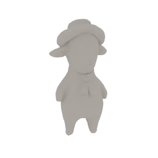Render 3D de uma fofa figurinha de ovelha cinza claro usando chapéu e cachecol, isolada em um fundo branco.