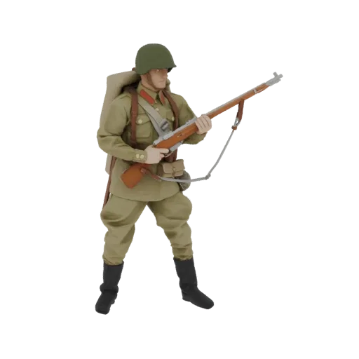 3D model of a Soviet soldier in uniform, holding a Mosin-Nagant rifle, with a backpack.