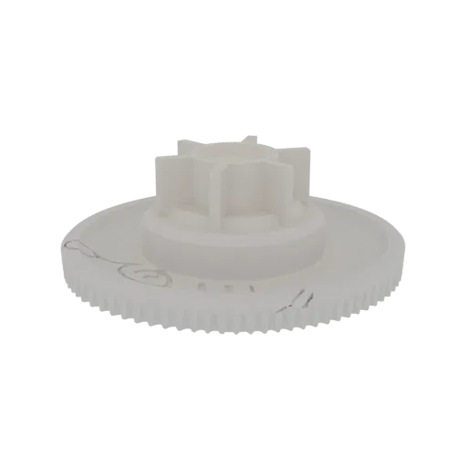 3D render of a white gear with a central hub and eight radial spokes, against a white background.