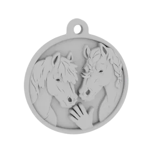 3D model of a circular pendant featuring two horses embracing, with a hand reaching between them.