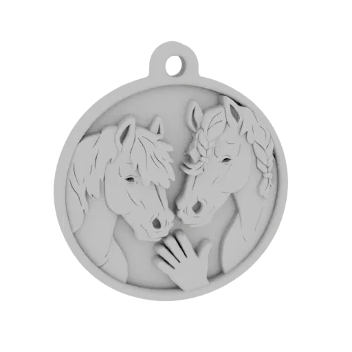 3D model of a circular pendant featuring two horses embracing, with a hand reaching between them.
