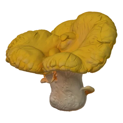 3D model of a chanterelle mushroom with a bright orange cap and light stem, standing on a gray background.